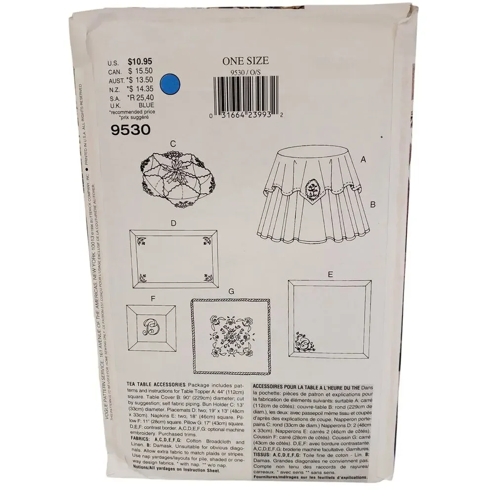 Vogue Patterns for Living Tea Table Accessories Sewing UNCUT 80s 90s 9530 Blue